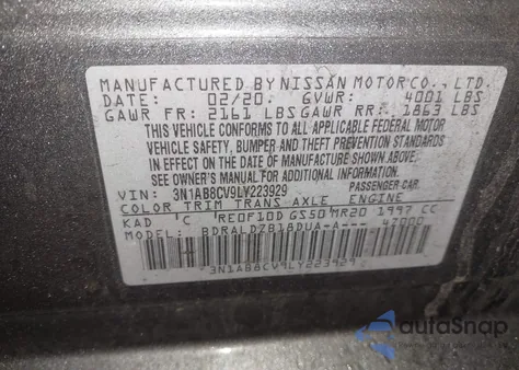 2020 Nissan Sentra Sv Xtronic Cvt z USA, uszkodzony, nr VIN 3N1AB8CV9LY223929